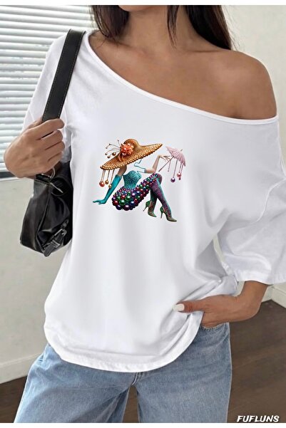 FUFLUNS Pearl Patterned Women's Printed Oversized Women's Boat Neck T-Shirt