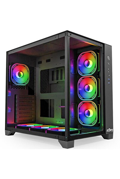 nJoy Carcasă PC Aura ATX Mid Tower, Negru, 7 ventilatoare de 120mm, Fără surs...