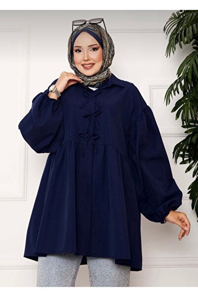 KEVRA Poplin Fabric Bowknot Balloon Sleeve Hijab Shirt