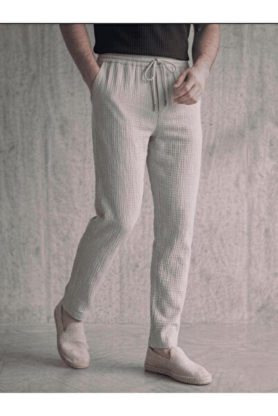 Oksit بنطلون لانز الرجالي من القطن الموسلين |   قصة مريحة، خصر مطاطي ورباطات.