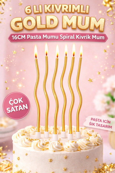 KAR TANESİ 6 LI KIVRIMLI GOLD MUM 16CM Pasta Mumu Spiral Kıvrık Mum