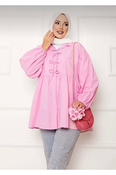 KEVRA Poplin Fabric Bowknot Balloon Sleeve Hijab Shirt