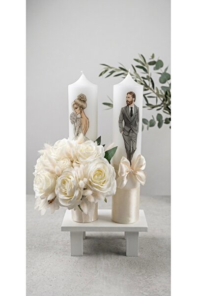 MASSIBEBE Εξατομικευμένο Σετ Κεριών Γάμου με Εικονογραφήσεις Νύφης και Γαμπρο...