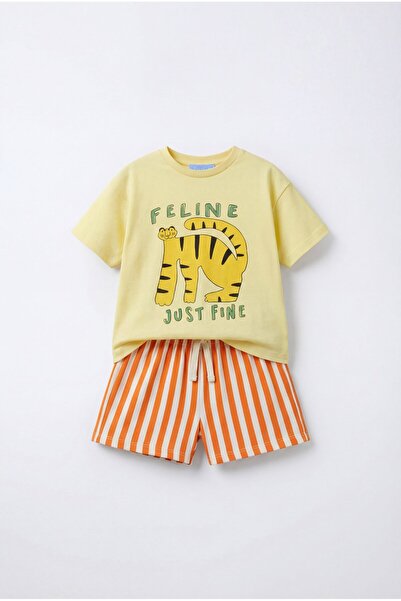 Magu Unisex Kids Cotton Yellow Tiger Printed T-Shirt Shorts Set