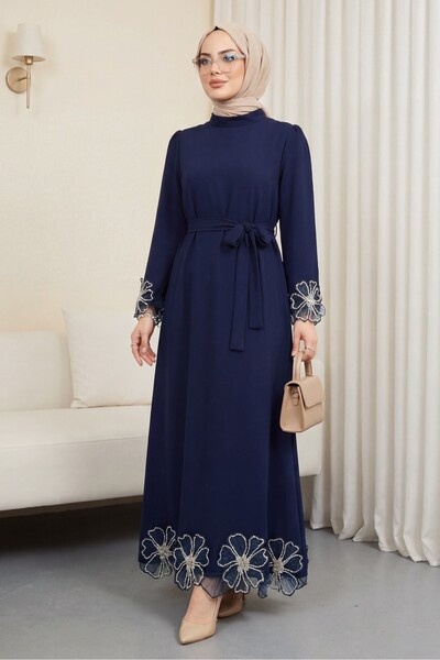 Modamorfo Lace-Up Crepe Dress with Stone Detail on the Sleeves and Skirt -Laci