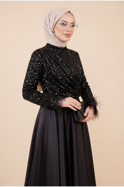 Modamorfo Βραδινό φόρεμα από σατέν με πούλιες και φτερωτή φούστα - μαύρο