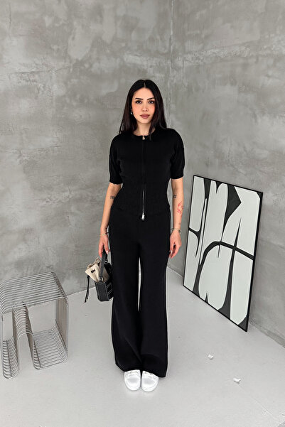 MİROR Women's Black Knitwear Set Zippered Top High Waist Wide Leg Pants Botto...
