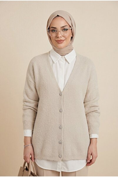 Modamorfo Buttoned Front Bearded Casual Knitwear Cardigan -Stone