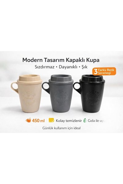 ÇELİKER Tea Coffee Glass with Handle and Lid Plastic - Mug Hot Drink Cup 450 ml