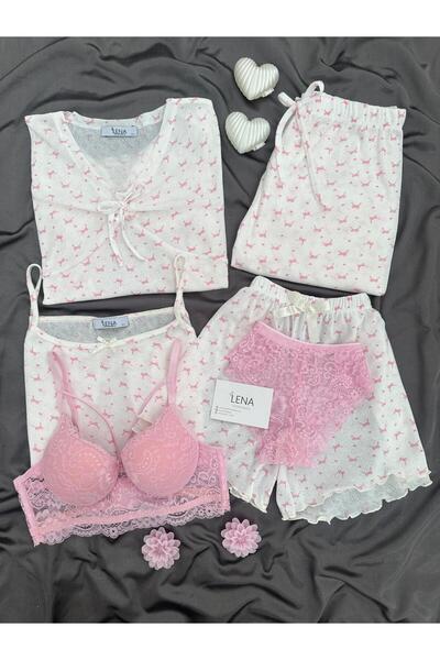 Lena Homewears Women's 6-Piece Viscose Pajama Set with Bow Patterned Underwear