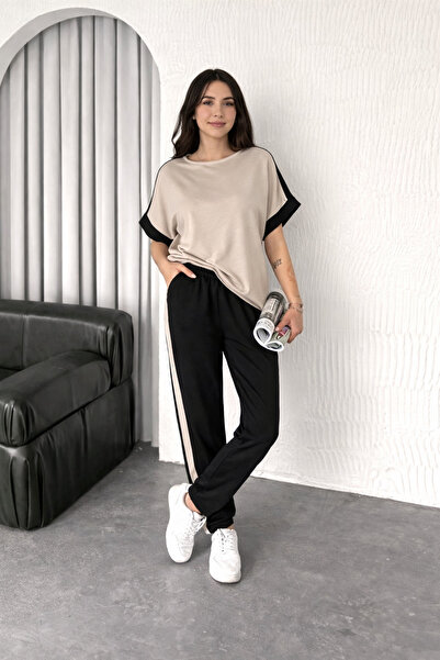 Lirviya Άνετο γυναικείο σετ φόρμας με κοντά μανίκια και λεπτομέρεια από ύφασμ...