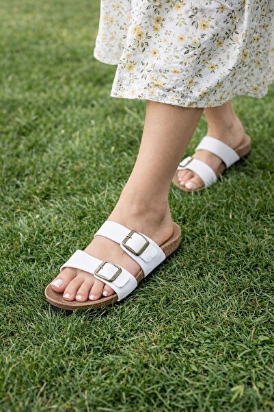 FİFTY ONE Women's White Double Buckle Slippers Orthopedic Sole Daily Comforta...