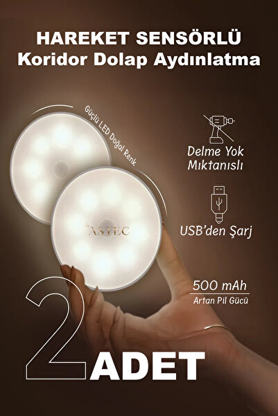 ASTEC Hareket Sensörlü Led 500 mAh Şarjlı Doğal Renk 4000 Kelvin Led Dolap İç...