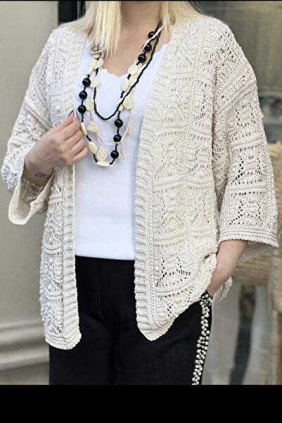 MADAM LİONESS Women's Ecru Openwork Knitwear Cardigan Seasonal Comfortable Fi...