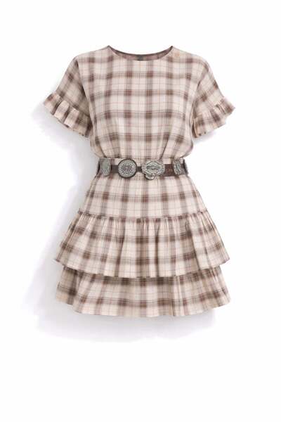 5in1Canpolat Καφέ καρό φούστα με μοτίβο και μπλούζα σετ