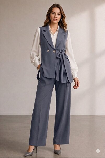 LİFERA Side-Tie Pleated Detailed 3-Piece Blazer Set, Vest, Shirt, Pants