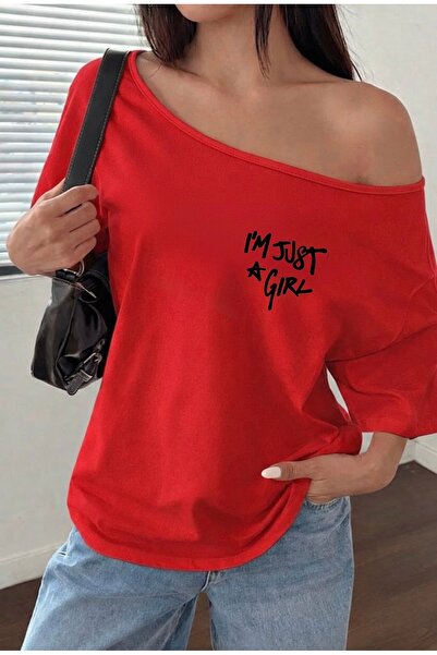 FUFLUNS I'M Just a Girl Printed Oversized Women's Boat Neck T-Shirt