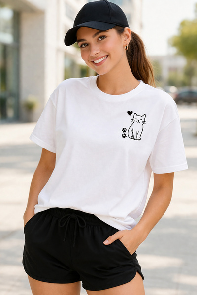 ArtYus Χαριτωμένο μπλουζάκι Unisex Oversize με στάμπα γάτας και πατούσας – Βα...