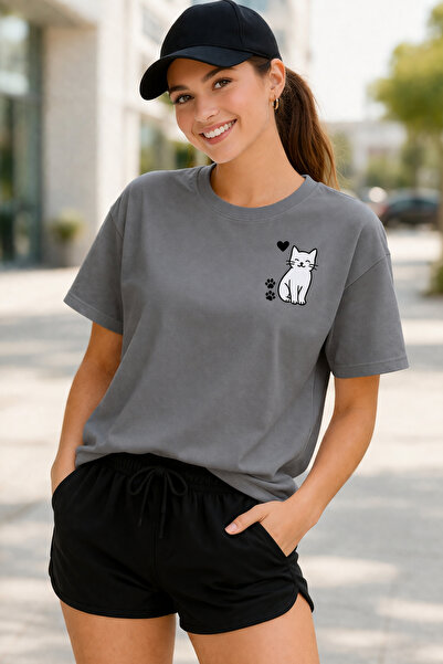 ArtYus Χαριτωμένο μπλουζάκι Unisex Oversize με στάμπα γάτας και πατούσας – Βα...