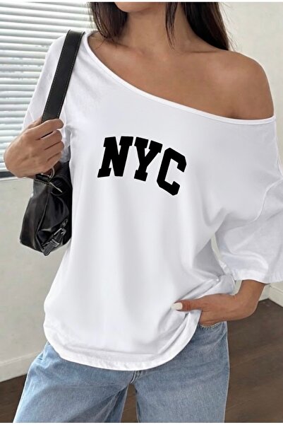 FUFLUNS Nyc Printed Oversized Women's Boat Neck T-Shirt