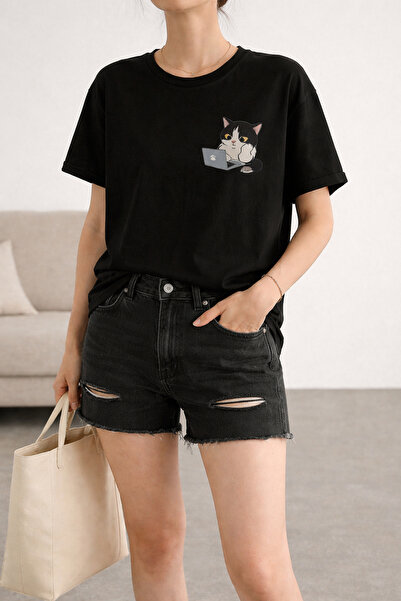 ArtYus Business Cat Printed Unisex Oversize T-Shirt with Laptop - Cotton Crew...
