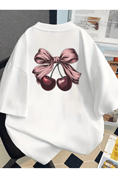 one button Μπλουζάκι Premium Oversize με στάμπα κεράσια και φιόγκο στην πλάτη