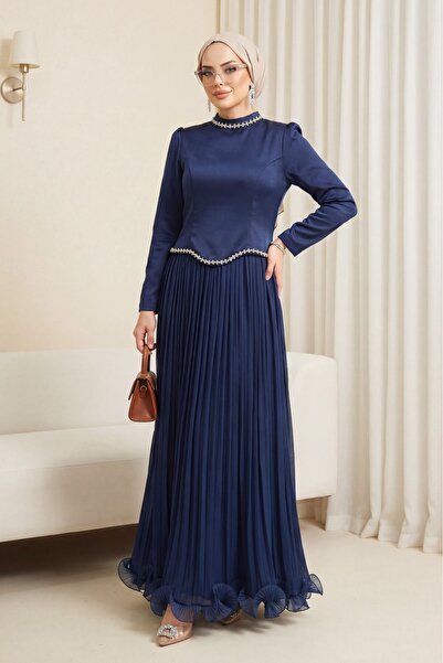 Modamorfo Σατέν σιφόν Janjan με πέτρινη λεπτομέρεια και βολάν - μπλε ναυτικό