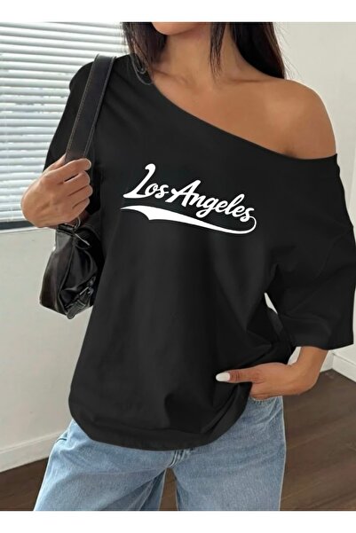 FUFLUNS Γυναικείο μπλουζάκι με στάμπα Λος Άντζελες, με λαιμόκοψη καγιάκ, σε μ...