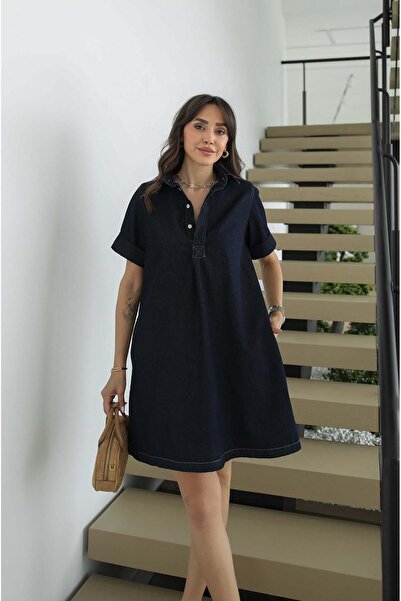 Havoş Μπλε ναυτικό τζιν φόρεμα με τσέπες στα πλαϊνά