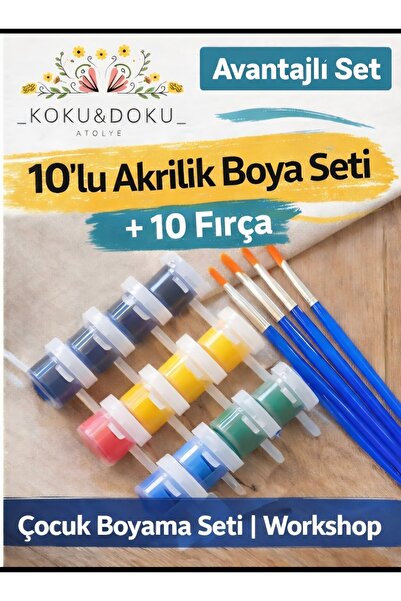 kokuvedoku 10’lu Akrilik Boya Seti + 10 Fırça | Çocuk Boyama Seti | Workshop ...