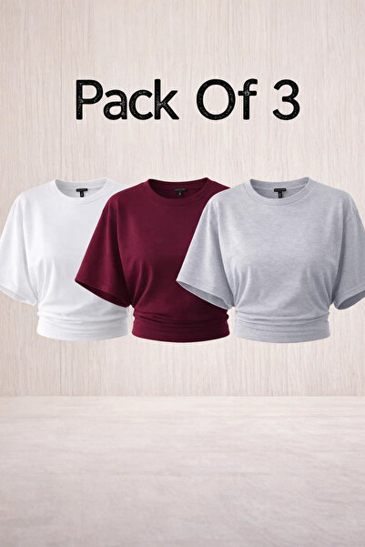 COMBİNE MİCHAİL Women's Bat Sleeve Summer 3-Piece Crop Blouse