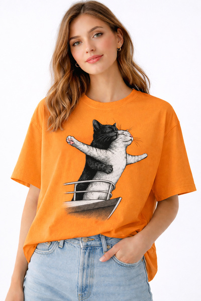 ArtYus Cat Couple Titanic Printed Unisex Oversize T-Shirt – Cotton Crew Neck ...