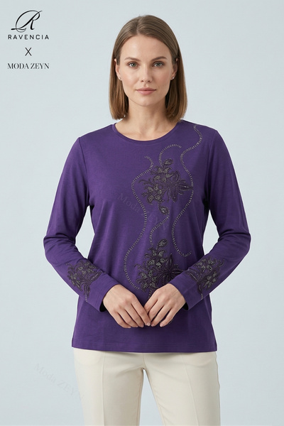 Ravencia Women's Spiral Leaf Patterned Collar and Skirt Stoned Embroidered Sl...