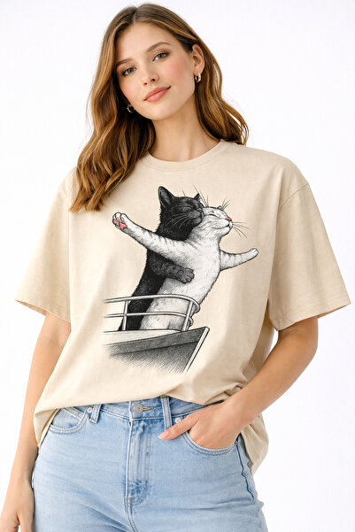 ArtYus Cat Couple Titanic Printed Unisex Oversize T-Shirt – Cotton Crew Neck ...