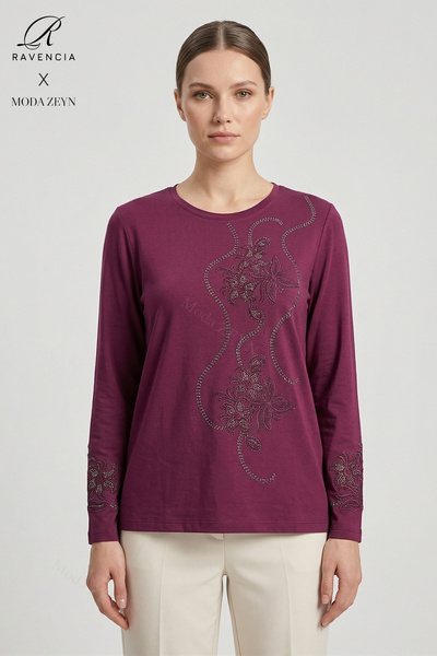 Ravencia Women's Spiral Leaf Patterned Collar and Skirt Stoned Embroidered Sl...