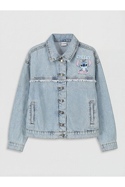 LC Waikiki Lcw Kids Blue Stitch Printed Girls Jean Jacket with Nevavm Differe...