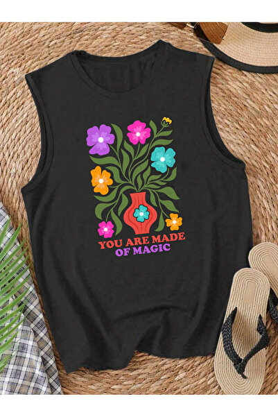 SUNFREE Γυναικείο καλοκαιρινό αμάνικο μπλουζάκι με στάμπα FLOWER και τιράντες