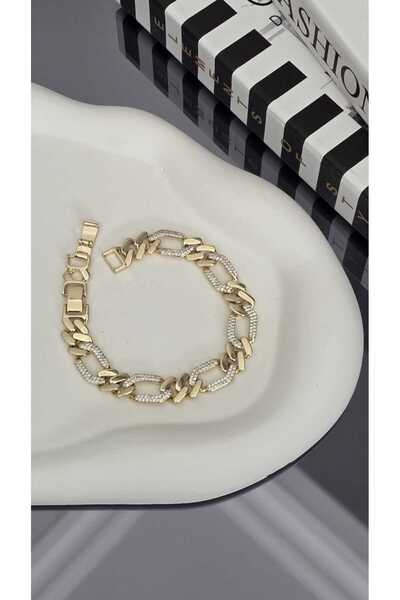 14K Altın Kaplama Gold Renk Zirkon Taşlı Künye Bileklik