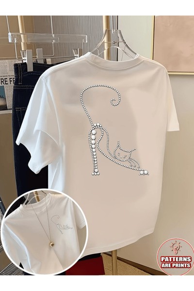 one button Ελαστικό μπλουζάκι με λαμπερή στάμπα, χαριτωμένη γάτα, με στάμπα δ...