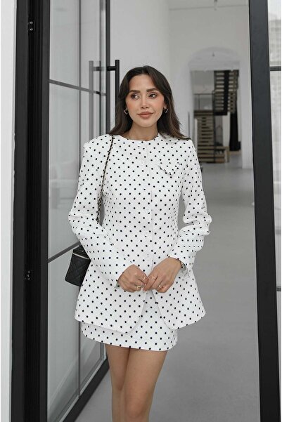 Havoş White Polka Dot Skirt Jacket Set