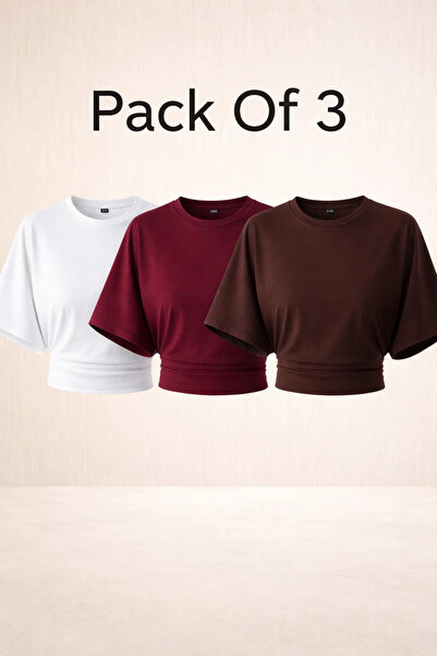 COMBİNE MİCHAİL Women's Bat Sleeve Summer 3-Piece Crop Blouse