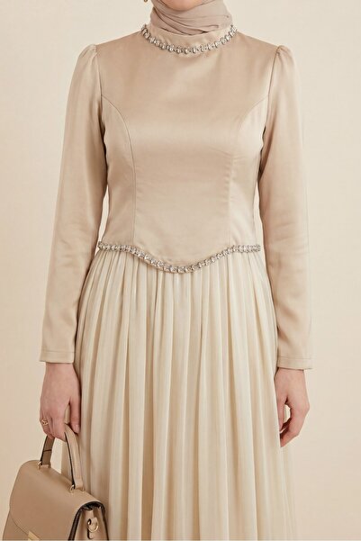 Modamorfo Σατέν σιφόν Janjan με πέτρινη λεπτομέρεια και βολάν - μπεζ