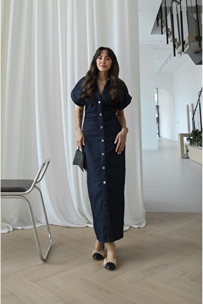 Havoş Ναυτικό μπλε τζιν φόρεμα με κορδόνι στη μέση και κουμπωτά κουμπιά