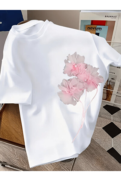 one button Μπλουζάκι 3 τεμαχίων με στάμπα ροζ λουλουδιών, Premium Oversize