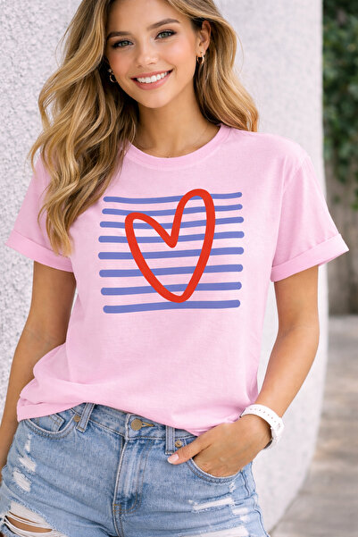 ArtYus Striped Heart Print Unisex Oversize T-Shirt – Cotton Crew Neck Casual ...