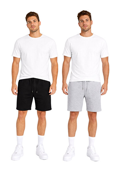 LUMİZA Men's 2-Piece Shorts Set Black Gray – Comfortable Fit Cotton Casual Sp...