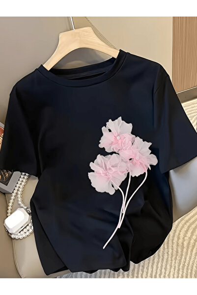 one button Μπλουζάκι 3 τεμαχίων με στάμπα ροζ λουλουδιών, Premium Oversize