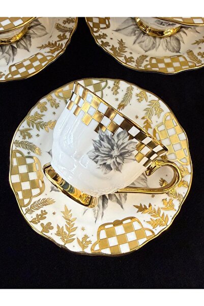 LOKMAN ZÜCCACİYE SHOWROOM Acar White Checkerboard Pattern Gilded Coffee Cup S...