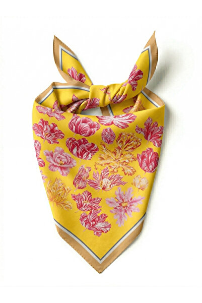 ostende Sarı Pembe Çiçek Desenli Boyun Fular Bandana Çanta Bel Fuları