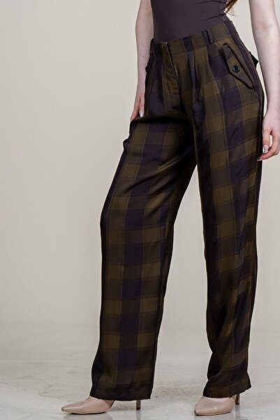 LOKADI Women's Khaki Plaid Patterned Low Waist Wide Leg Palazzo Trousers